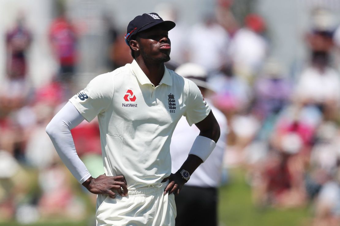 Englands Jofra Archer looks on during the cricket Test between England and New Zealand.