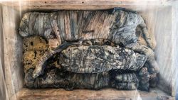 The mummy of a cat is displayed after the announcement of a new discovery carried out by an Egyptian archaeological team in Giza's Saqqara necropolis, south of the capital Cairo, on November 23, 2019. - Egypt today unveiled a cache of 75 wooden and bronze statues and five lion cub mummies decorated with hieroglyphics at the Saqqara necropolis near the Giza pyramids in Cairo.Mummified cats, cobras, crocodiles and scarabs were also unearthed among the well-preserved mummies and other objects discovered recently. (Photo by Khaled DESOUKI / AFP) (Photo by KHALED DESOUKI/AFP via Getty Images)