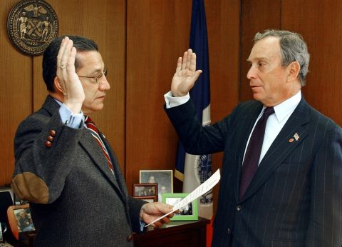 Bloomberg is officially sworn in as New York's 108th mayor on December 31, 2001. His term began at midnight.
