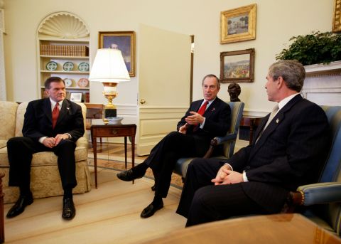 Bloomberg and Secretary of Homeland Security Tom Ridge, left, meet President George W. Bush in the White House Oval Office in March 2003.