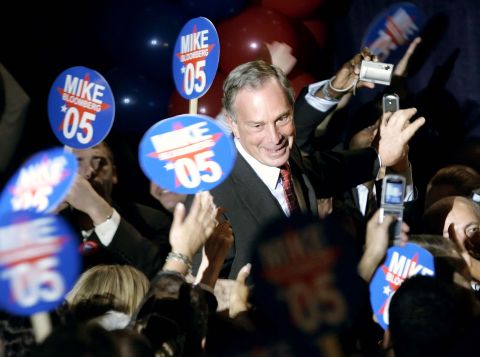 Bloomberg greets supporters after winning re-election in 2005.