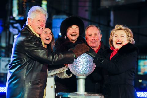 Bloomberg helps lower the New Year's ball in Times Square in December 2008. Joining him, from left, were former President Bill Clinton; Bloomberg's daughter Georgina; Bloomberg's partner, Diana Taylor; and US Sen. Hillary Clinton.