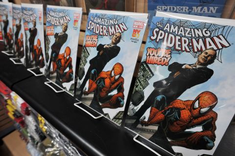 Copies of "Spider-Man, You're Hired," with a rendering of Bloomberg on the cover, are seen at an unveiling in New York in 2010. The comic book promoted New York City's free job placement resources.