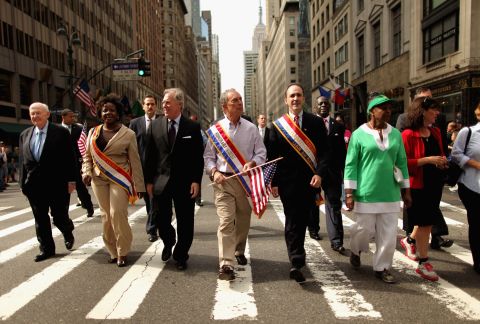 Bloomberg marches up Fifth Avenue in the New York Labor Day Parade in September 2011.