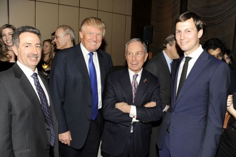 Bloomberg is flanked by Donald Trump and Trump's son-in-law, Jared Kushner, at the 25th anniversary of the Four Seasons Restaurant in New York in March 2013.