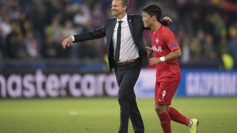 Marsch (L) celebrates with Hee-chan Hwang after Salzburg's 6-2 win over  Genk in the Champions League.