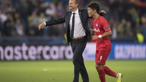 Marsch (L) celebrates with Hee-chan Hwang after Salzburg's 6-2 win over Genk in the Champions League.