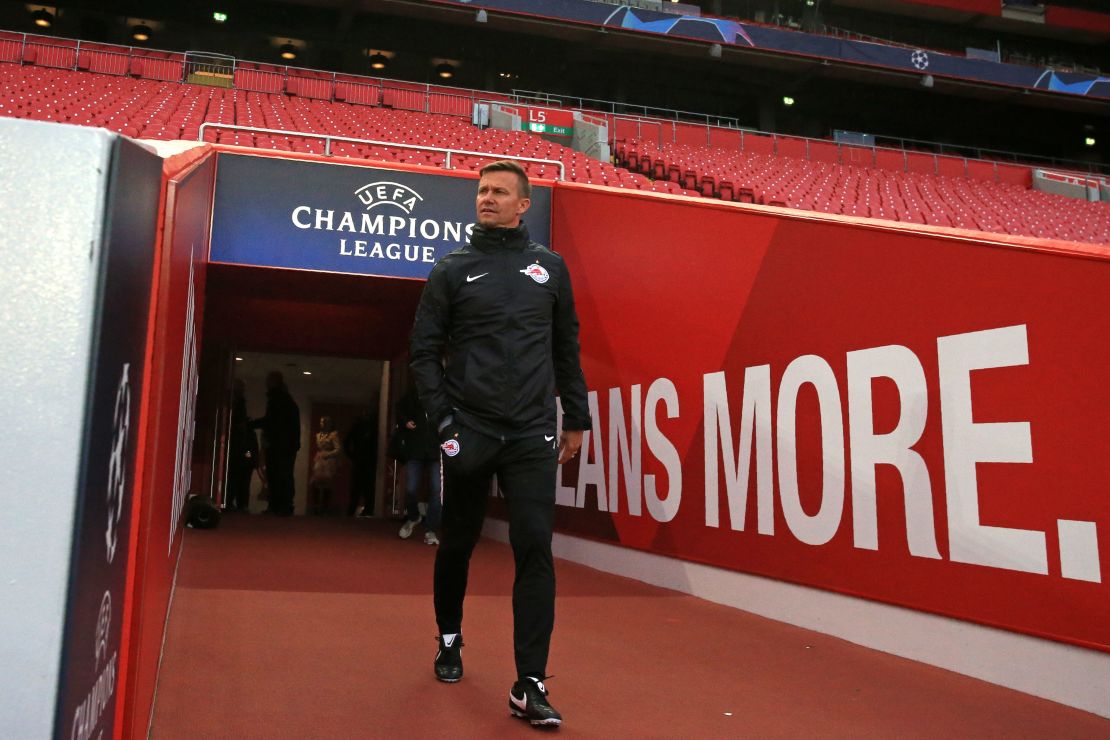 Marsch walks out of the tunnel to take a team training session at Anfield ahead of Salzburg's Champions League game against Liverpool in October.