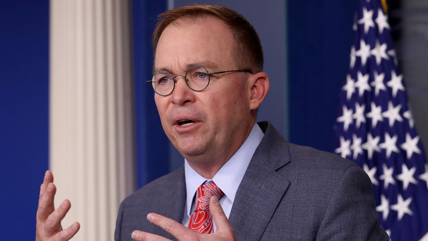 Acting White House Chief of Staff Mick Mulvaney answers questions during a briefing at the White House on October 17, 2019.