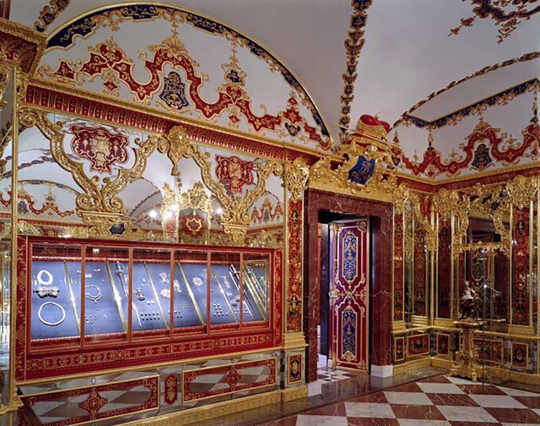 This undated photo shows the Jewelery Room of the Green Vault. The items were stolen from the display cases on the left.