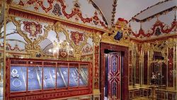 This undated photo provide by the State Art Collection in Dresden on Monday, Nov. 25, 2019, shows the Jewelery Room of the Green Vault with the display cases, left, showing the part of the collection that was affected by the robbery early Monday, Nov. 25, 2019 morning in Dresden. (Staatliche Kunstsammlungen Dresden/David Brandt via AP)
