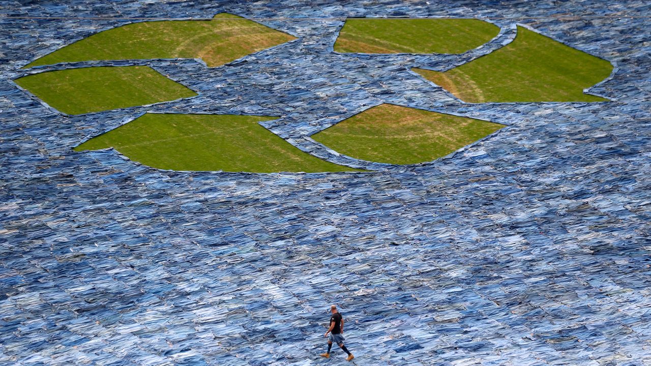 In an effort to encourage people to donate clothing rather than toss it aside, Levi Strauss & Co. displayed 19,000 pairs of jeans at a stadium in 2014. (Jed Jacobsohn/Getty Images for Levi's)