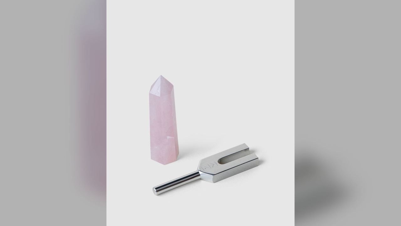 A rose quartz crystal and tuning fork set costs $75 from the Shop at KonMari.