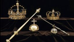 FILE - This file image made available on Wednesday Aug. 1, 2018 by the Swedish Police, shows a collection of Swedish Crown jewels that were stolen from Strangnas cathedral. In a daring daytime heist, thieves in Sweden smashed glass show cases inside a cathedral and snatched 17th-century royal treasures estimated to be worth 65 million kronor ($7 million). A brazen burglary on Monday Nov. 25, 2019 from Dresden's Green Vault, one of the world's oldest museums, holding priceless treasures is another in a long history of daring European heists over the years. (Swedish Police via AP, File)