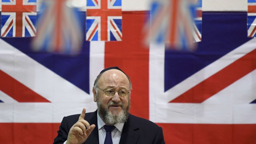 LONDON - FEBRUARY 1:  Chief Rabbi Ephraim Mirvis (L) delivers a speech at the Orthodox Jewish School Yavneh College on February 1, 2017 in London, England.   (Photo by Toby Melville - WPA Pool/Getty Images)