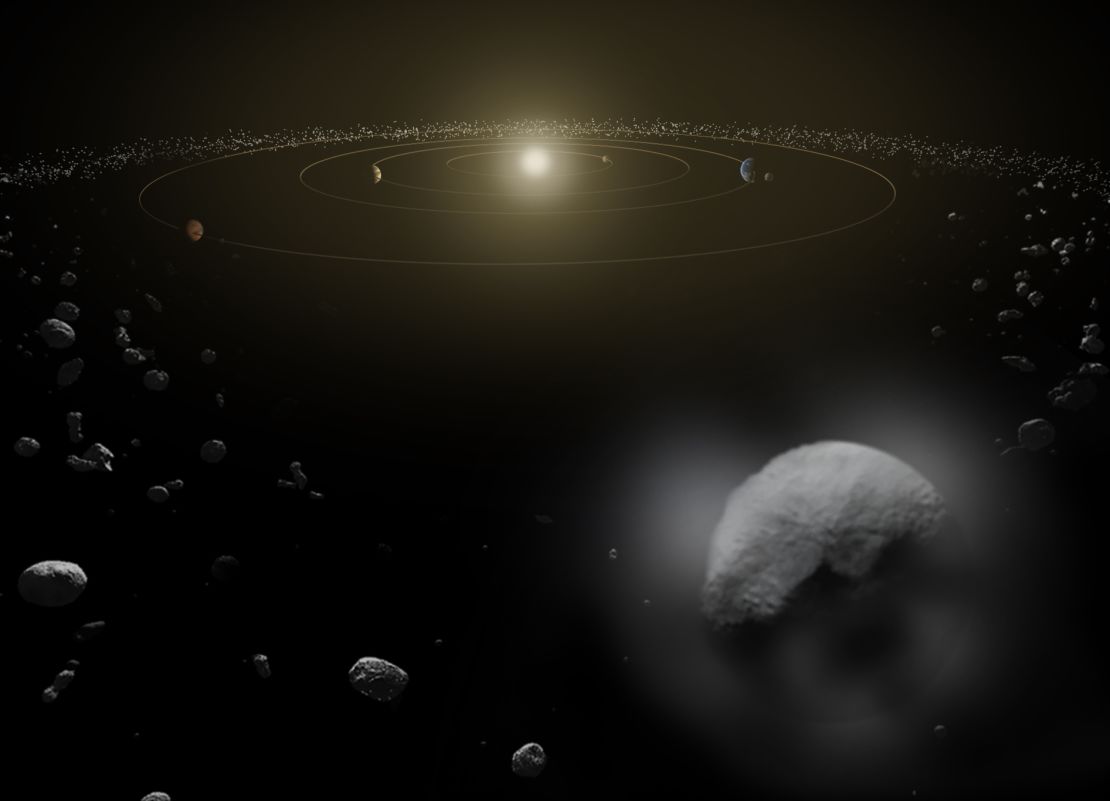 This illustration shows the dwarf planet Ceres and asteroids in the main asteroid belt.