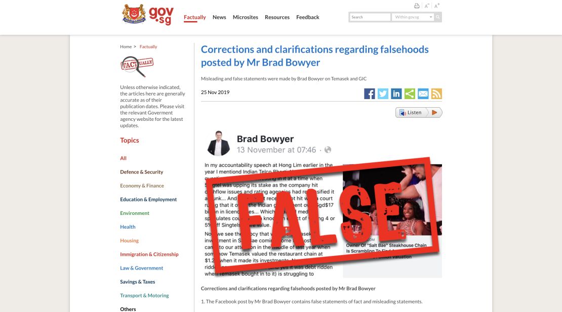 A screenshot of a Singapore government statement refuting a Facebook post by Brad Bowyer, a member of an opposition party.