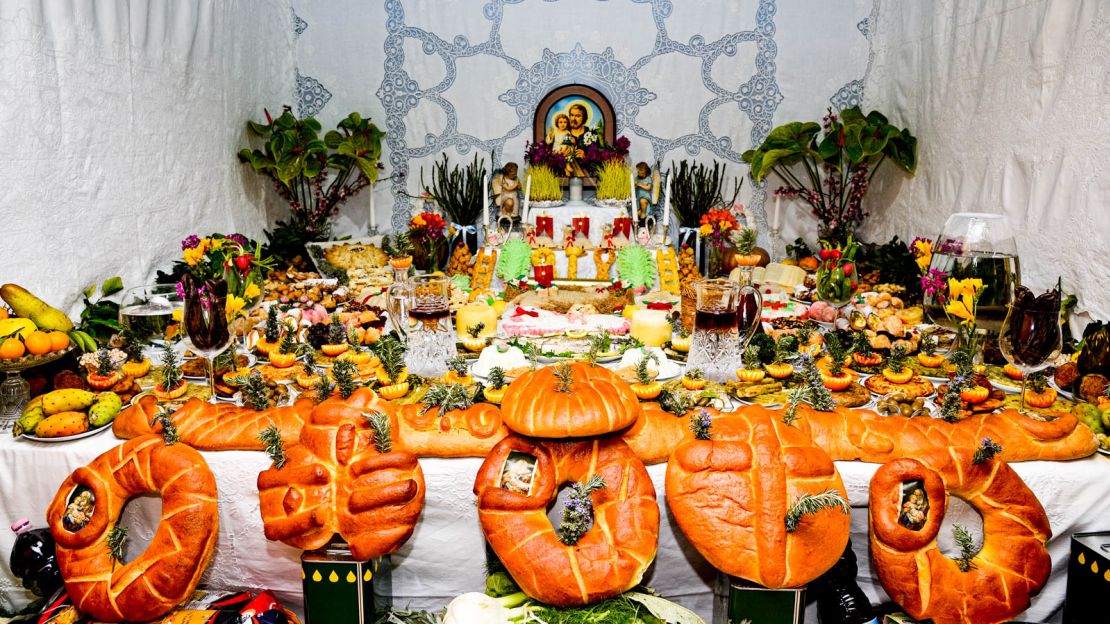 Food altars are set up around the town to celebrate St Joseph on March 19.