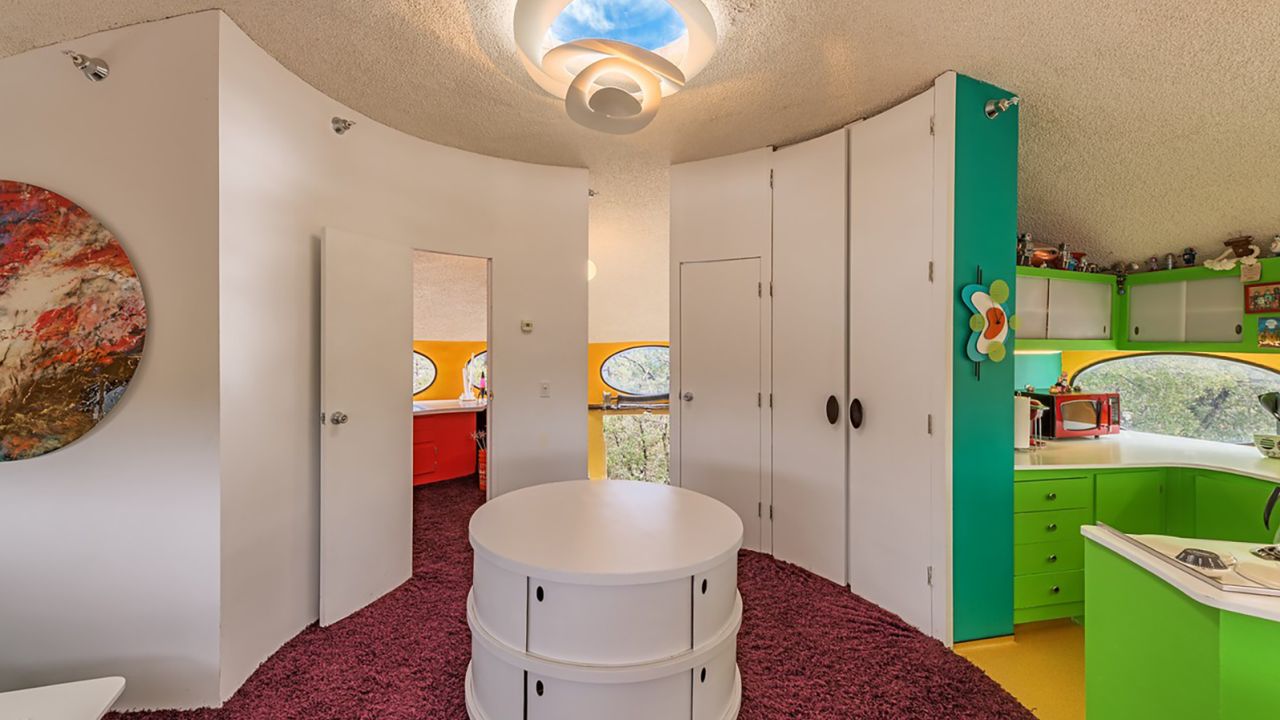 Inside the Futuro house there's a small kitchen, bathroom and bedroom.