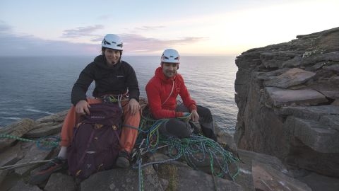 Dufton and Thompson at the summit of the Old Man of Hoy. 