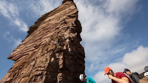 Dufton starts his ascent of the Old Man of Hoy.