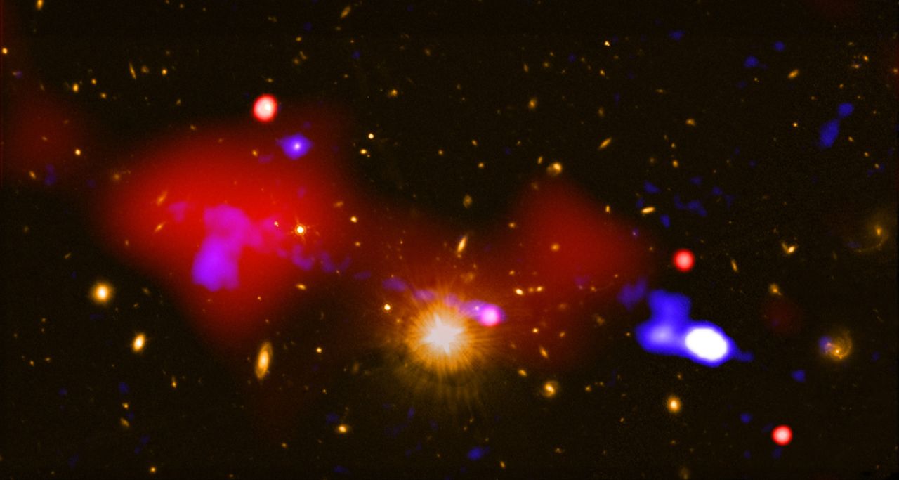 This <a href="https://chandra.harvard.edu/photo/2019/bhfeedback/" target="_blank" target="_blank">image</a>, which combines observations from the Chandra X-ray Observatory and the Karl Jansky Very Large Array, shows a black hole that is triggering star formation nearly one million light-years away from it. The large red bubble on the left is a hot gas bubble and the dots of light to the right of it are four galaxies where star formation has increased. The host galaxy of the black hole that released the gas bubble is the bright point of light to the right of the golden light at the center. 