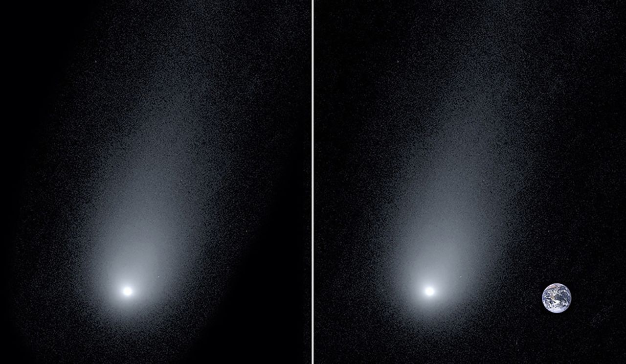 A close-up view of an interstellar comet passing through our solar system can be seen on the left. On the right, astronomers used an image of Earth for comparison. 