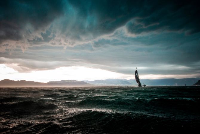 <strong>Loris von Siebenthal. </strong>A D35 catamaran battles an incoming storm during the Bol d'Or Mirabaud on Lake Geneva in June.  