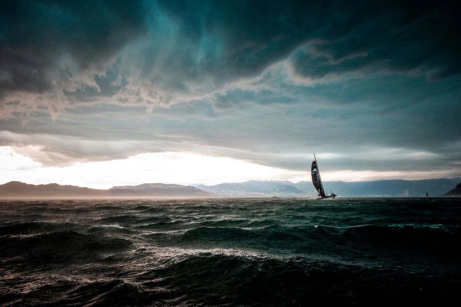 <strong>Loris von Siebenthal. </strong>A D35 catamaran battles an incoming storm during the Bol d'Or Mirabaud on Lake Geneva in June.  
