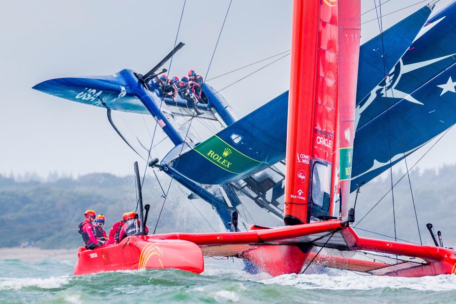 <strong>Ian Roman. </strong>Team USA's SailGP boat slowly capsizes after bearing away around the first mark during an event in Cowes, UK.