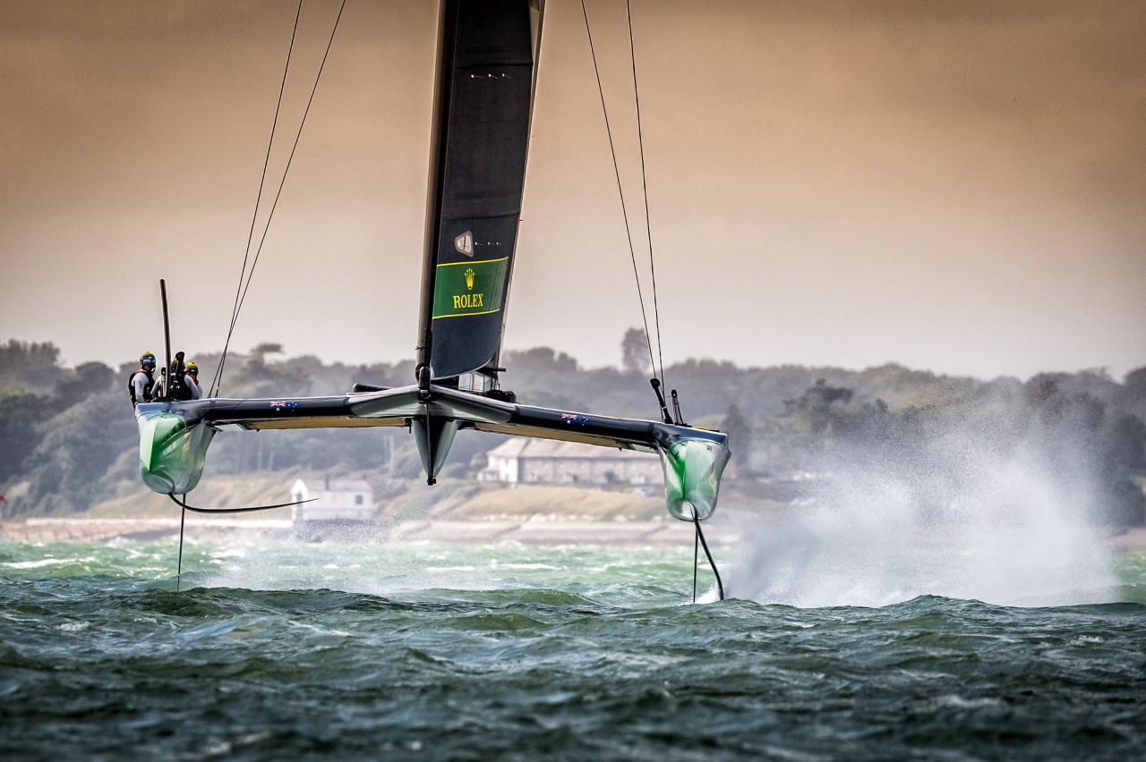 <strong> 5. Sam Kurtul. </strong>The Australian SailGP team breaks the 50-knot barrier on their F50 catamaran in testing conditions on the Solent during an event in Cowes, UK. 