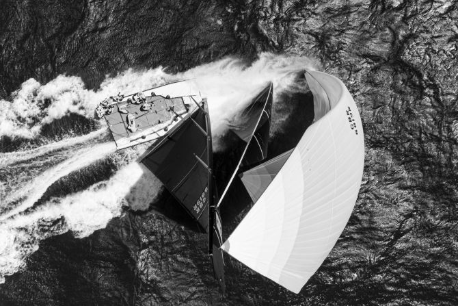 <strong> 8. Eike Schurr. </strong>British yacht Alegre blasts downwind during the Cascais 52 Super Series Sailing Week in Portugal, taken from a drone.