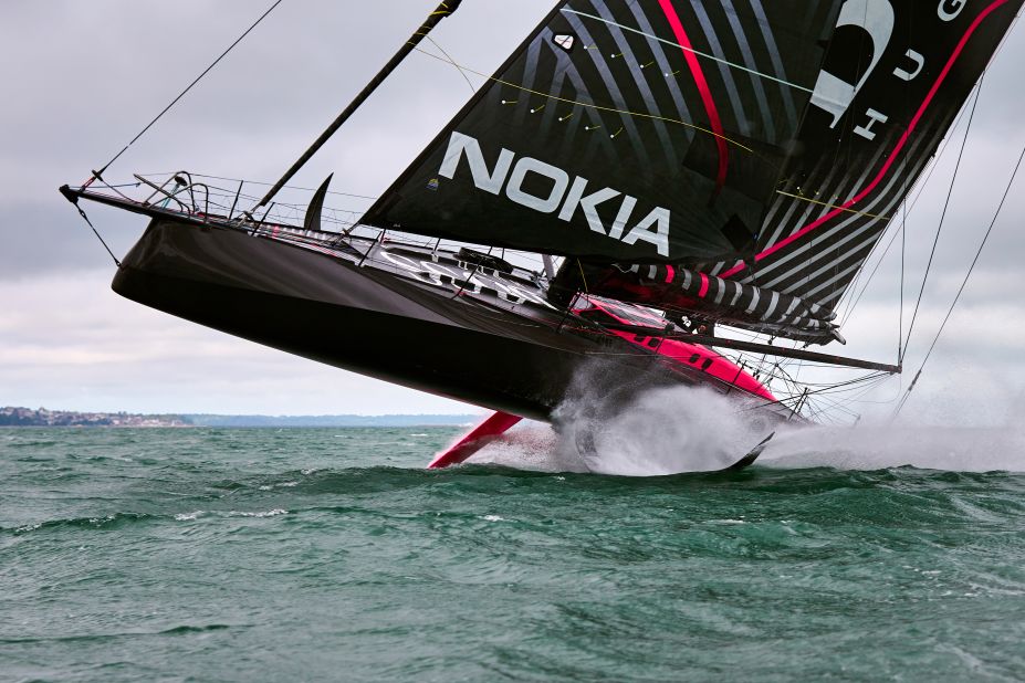 <strong> 9. Graham Snook. </strong>Alex Thomson's Hugo Boss boat flies on her foils during testing in strong winds off Portsmouth, UK. 