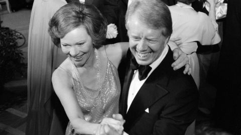 President Jimmy Carter and first lady Rosalynn Carter dance at a White House ball in 1977. 