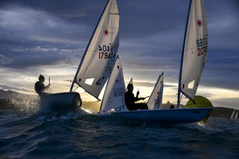 <strong> 12. Marta Rovatti Studihrad. </strong>Boats round a mark late on a November afternoon during the Italia Cup Laser at Ortona.