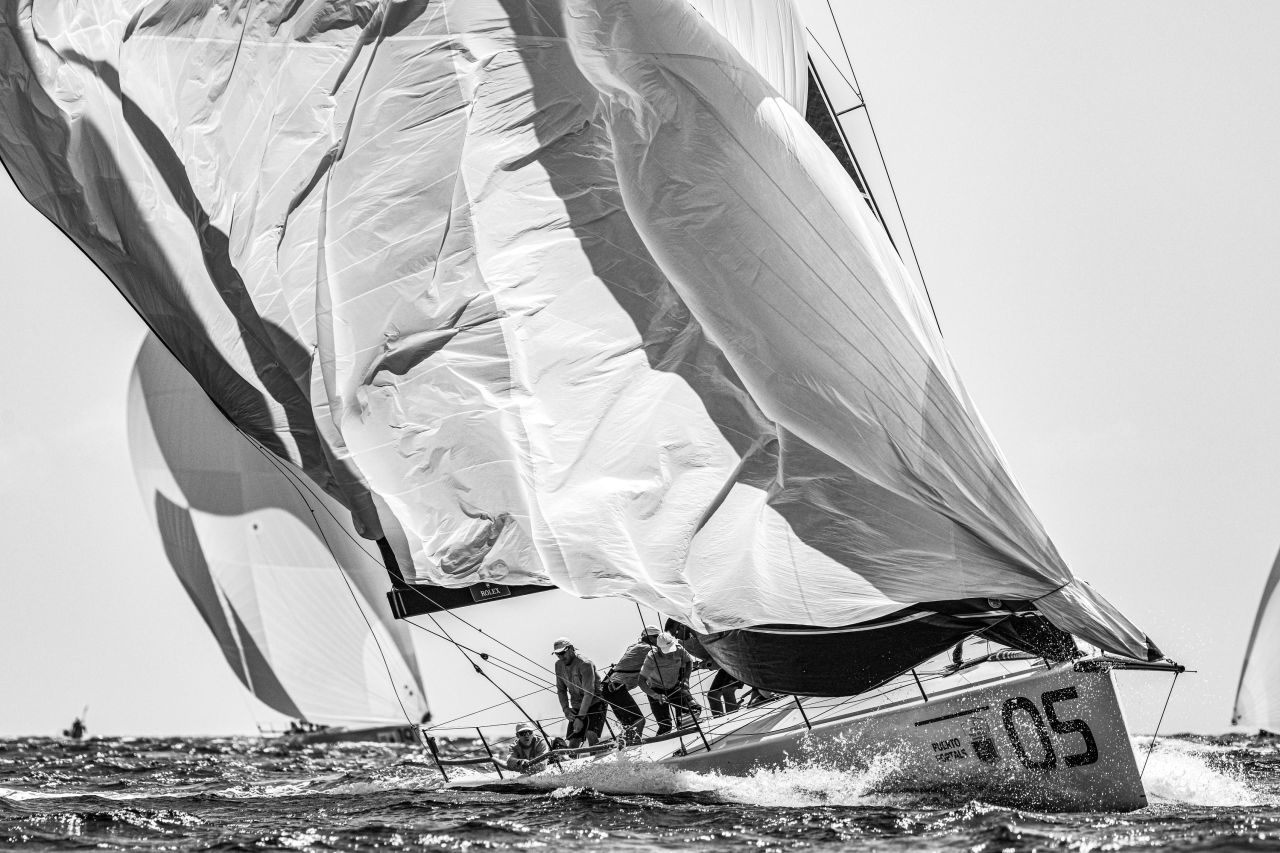 <strong> 13. James Tomlinson.  </strong>A black and white study of the yacht Sled dropping its spinnaker during the TP52 World Championships at Puerto Portals, Spain.