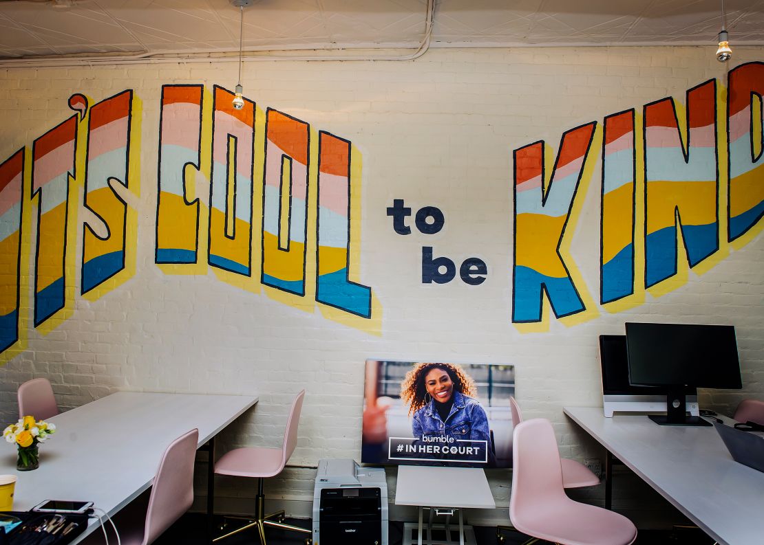 Serena Williams, pictured on a sign in Bumble's New York offices, is one of the app's most high-profile investors. (Dina Litovsky for CNN)
