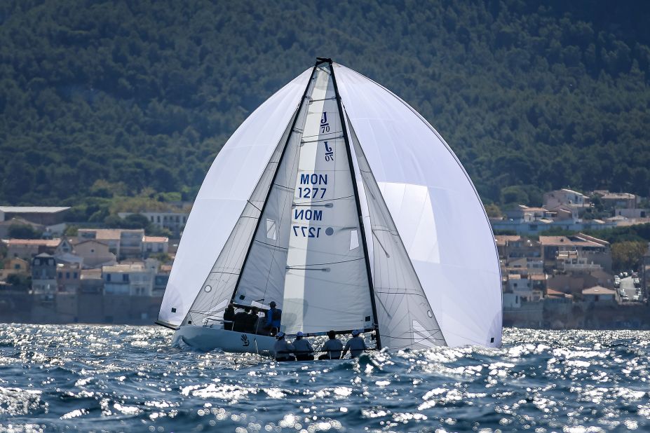 <strong> 16. Pierick Jeannoutot. </strong>A pair of J70 yachts align in perfect symmetry near the finish of a race in Marseilles, France. 
