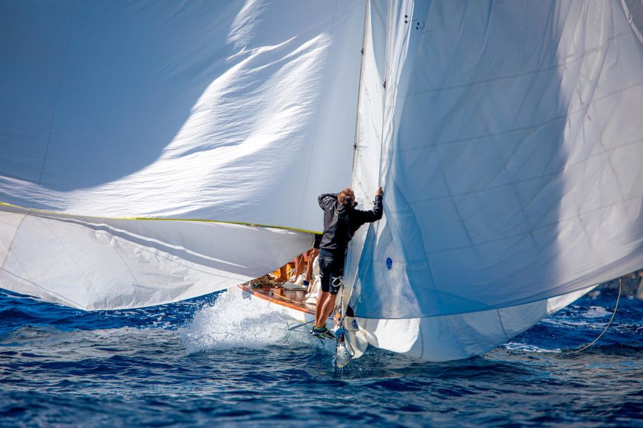 <strong> 20. Thomas Campion. </strong>A bowman trims the billowing sails of Marga during the Les Voiles de Saint-Tropez race in France. 