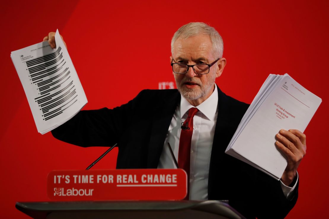 Opposition Labour party leader Jeremy Corbyn holds up redacted documents from the government's UK-US trade talks during a press conference in London.