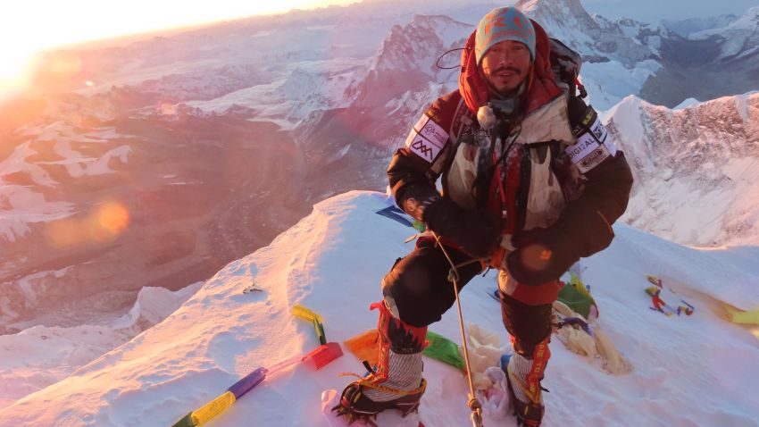 Purja at the summit of Mount Everest.