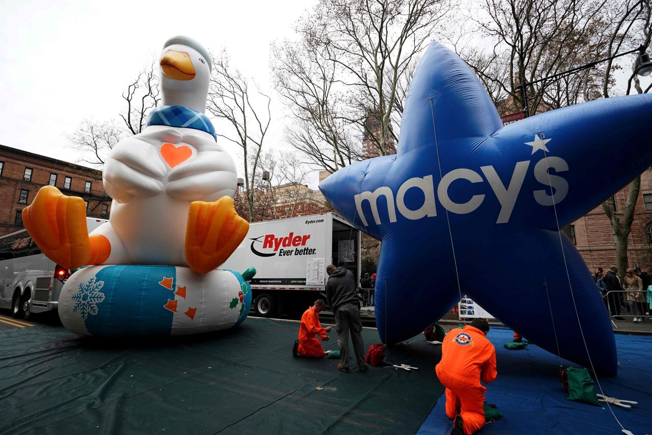 Balloons for the Aflac Duck and Macy's are ready to go for the annual Macy's Thanksgiving Day Parade. But windy conditions could keep them out of the sky on Thursday.