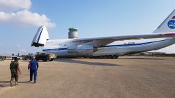 This image, shared widely on social media and verified by a CNN source, appear to show a Russian Antonov 124 transport plane  arriving in September at Nacala on Mozambique's eastern coast delivering military hardware.