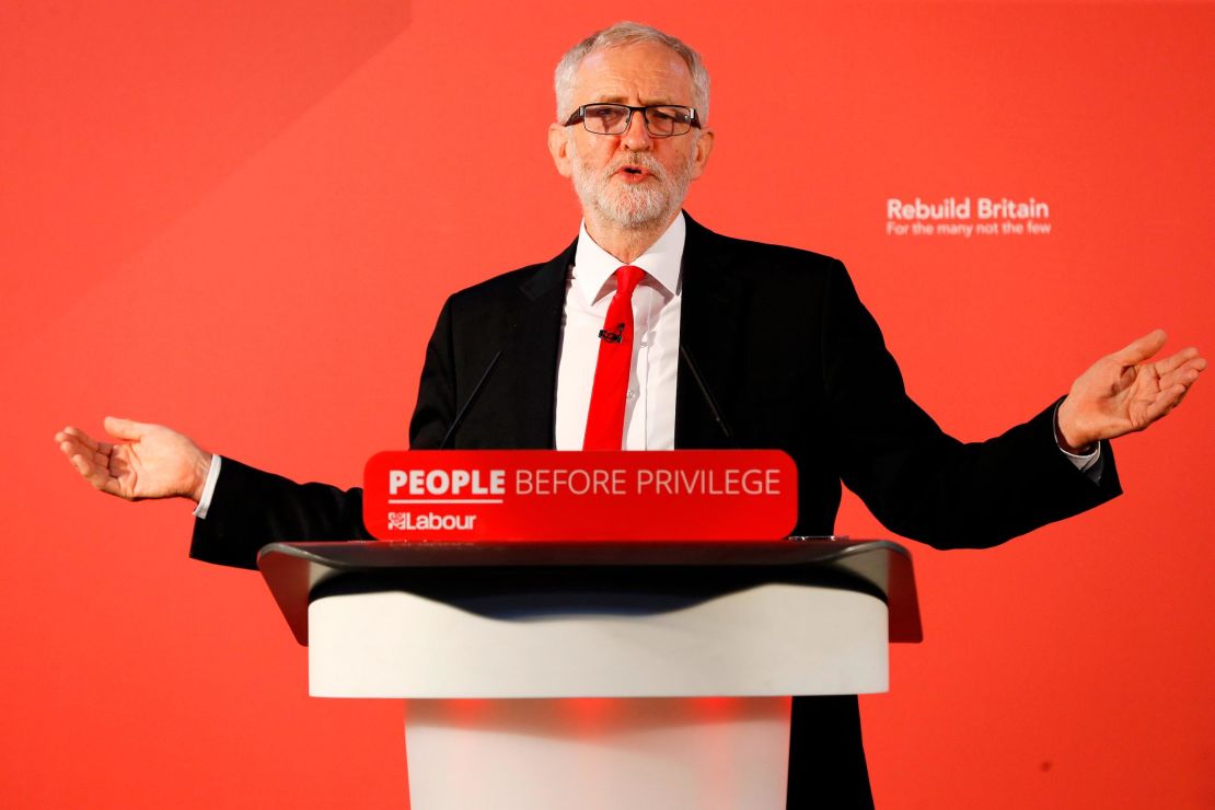 Labour Party leader Jeremy Corbyn wears a red tie to deliver a speech in Northampton, England.