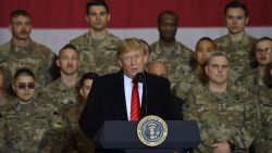 US President Donald Trump speaks to the troops during a surprise Thanksgiving day visit at Bagram Air Field, on November 28, 2019 in Afghanistan.