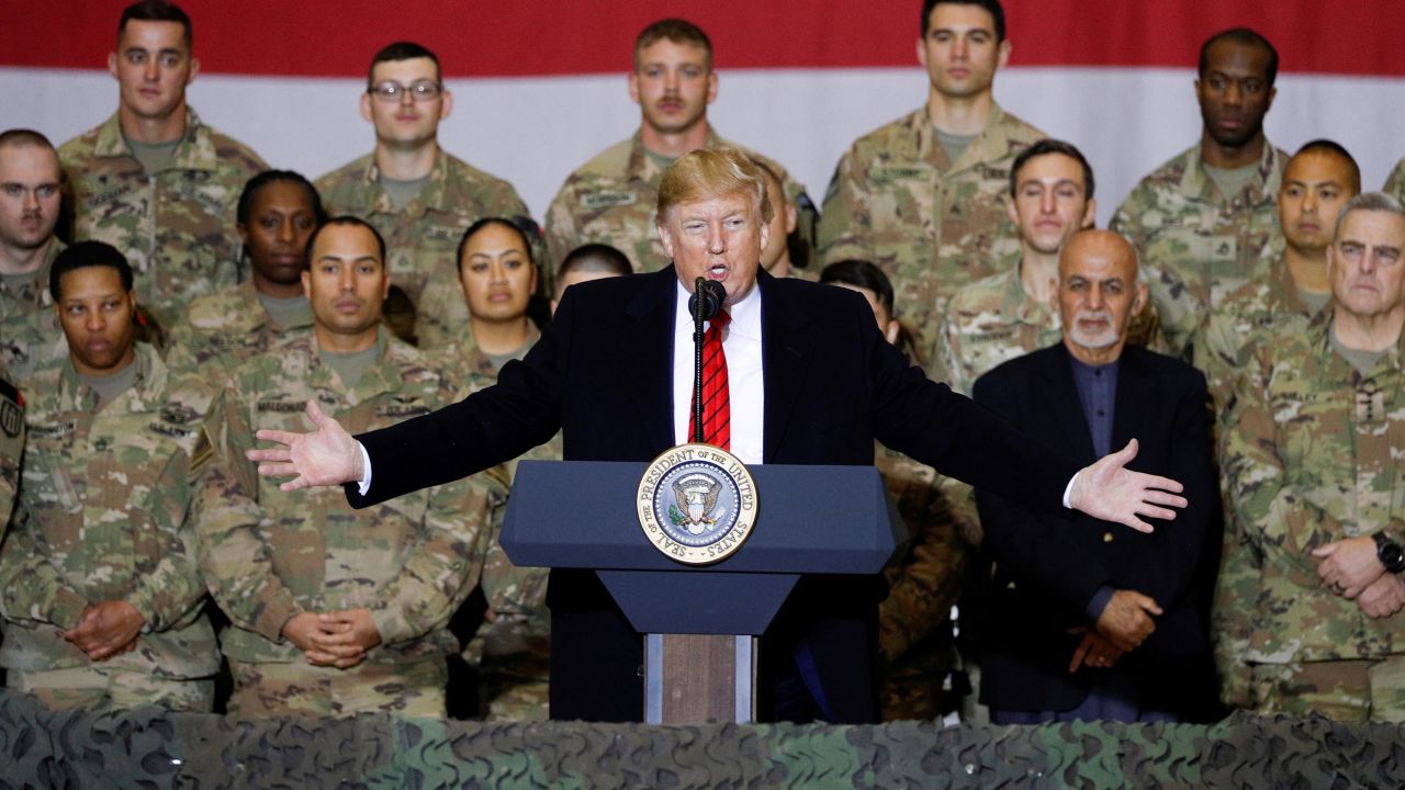 U.S. President Donald Trump delivers remarks to U.S. troops during an unannounced visit to Bagram Air Base, Afghanistan, November 28, 2019.