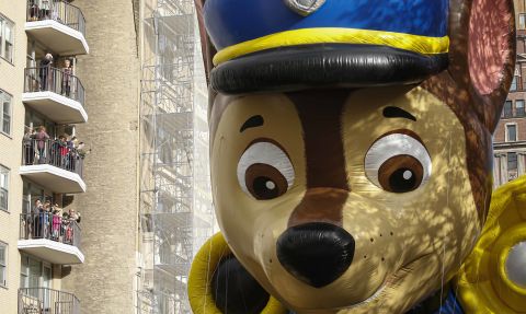 A "PAW Patrol" balloon makes its way down the parade route.
