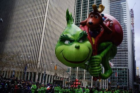 The Grinch balloon looks as mischievous as ever.
