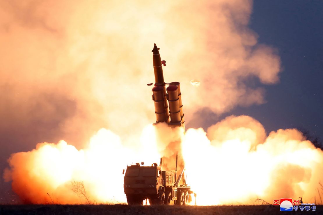 This undated and undlocated picture released from KCNA on Friday shows the test-fire of a super-large multiple launch rocket system.