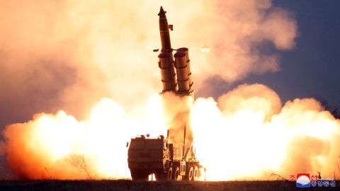This undated and undlocated picture released from KCNA on Friday shows the test-fire of a super-large multiple launch rocket system.